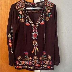 Johnny Was Floral Embroidered Blouse - Brown and Multicolor